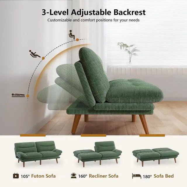 Alt view image 5 of 7 - PERLECARE Convertible Futon Sofa Bed, 73" Corduroy Futon Couch with Adjustable Backrest and Armrests, 3-in-1Recliner Sleeper Sofa for Small Spaces, Play Room,Living Room or Office73in,Green