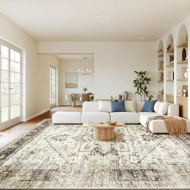 Main image of AMADA HOMEFURNISHING Washable Area Rug, Low-Profile Large Area Rug with Non-Slip Backing & Durable Edge Binding, Vintage Large Rugs for Living Room, Bedroom, Dinning Room, 9x12, Grey/Beige