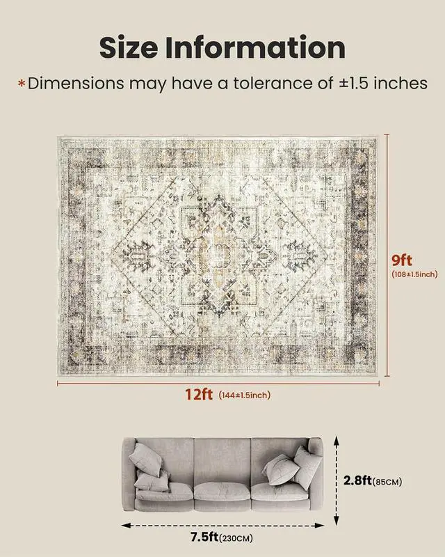Alt view image 2 of 7 - AMADA HOMEFURNISHING Washable Area Rug, Low-Profile Large Area Rug with Non-Slip Backing & Durable Edge Binding, Vintage Large Rugs for Living Room, Bedroom, Dinning Room, 9x12, Grey/Beige