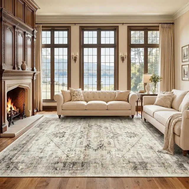 Alt view image 4 of 7 - AMADA HOMEFURNISHING Washable Area Rug, Low-Profile Large Area Rug with Non-Slip Backing & Durable Edge Binding, Vintage Large Rugs for Living Room, Bedroom, Dinning Room, 9x12, Grey/Beige