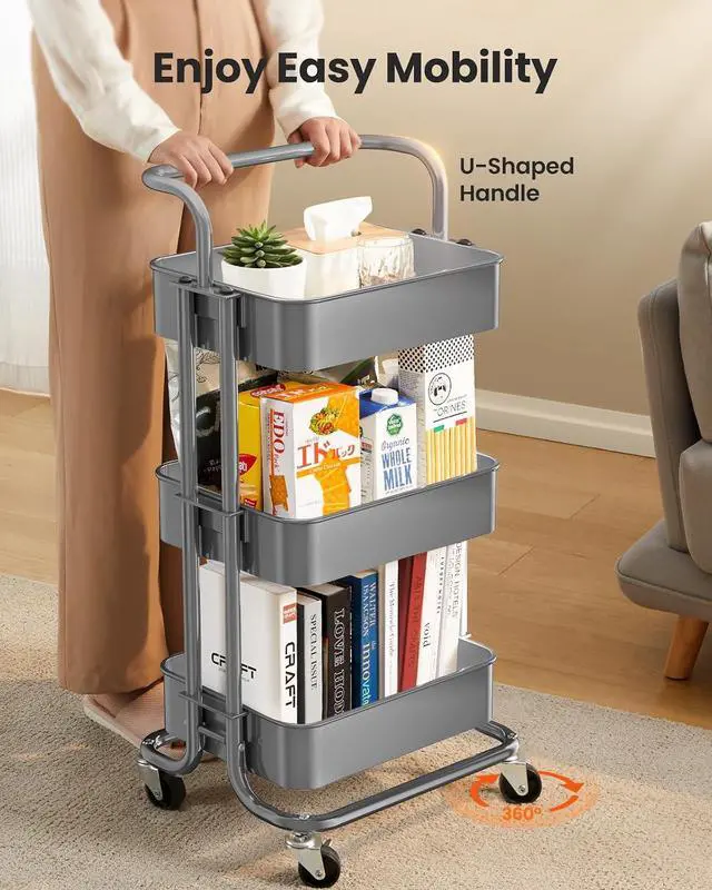 Alt view image 3 of 7 - Pipishell 3 Tier Rolling Cart, Metal Utility Cart with Wheels and Handle, Rolling Storage Cart for Nursery Room, Living Room, Painting Room, Office and Kitchen, Grey