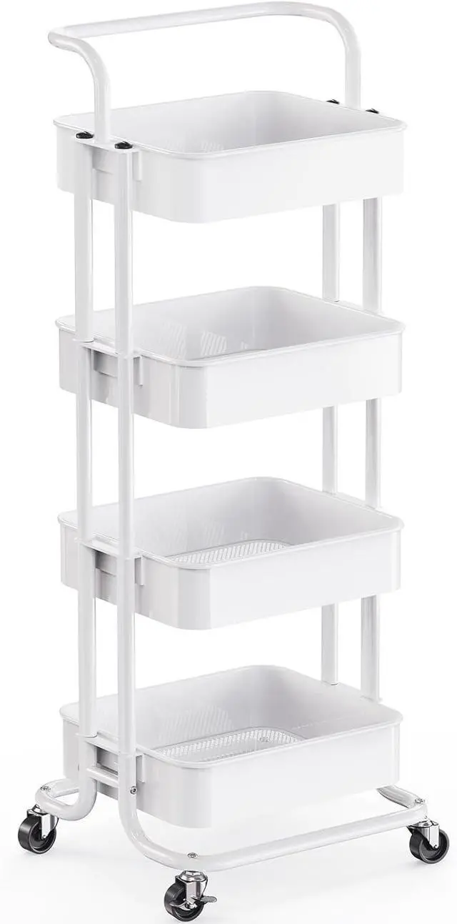 Main image of Pipishell 4 Tier Rolling Cart, Metal Utility Cart with Wheels and Handle, Rolling Storage Cart for Nursery Room, Living Room, Painting Room, Office and Kitchen, White