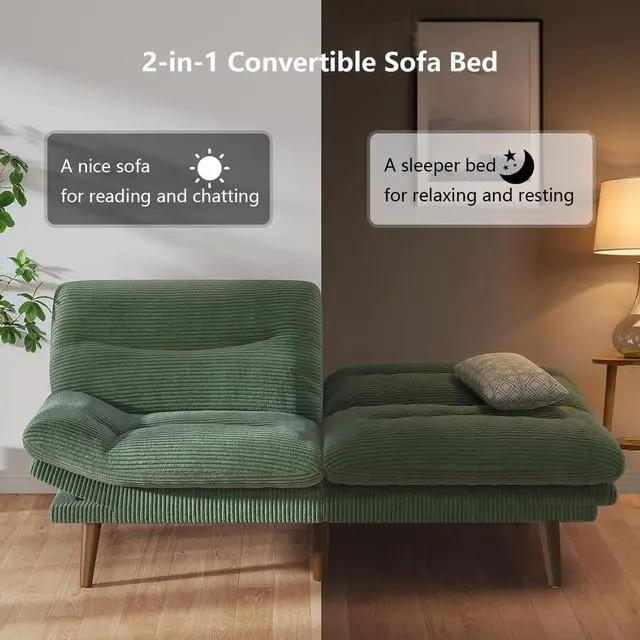 Alt view image 7 of 7 - PERLECARE Convertible Futon Sofa Bed, 73" Corduroy Futon Couch with Adjustable Backrest and Armrests, 3-in-1Recliner Sleeper Sofa for Small Spaces, Play Room,Living Room or Office73in,Green