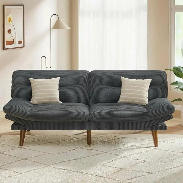 Alt view image 3 of 7 - PERLECARE Convertible Futon Sofa Bed, 66" Corduroy Futon Couch with Adjustable Backrest and Armrests, 3-in-1Recliner Sleeper Sofa for Small Spaces, Play Room,Living Room or Office66 in,Grey