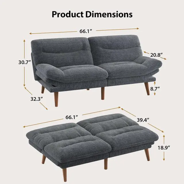 Alt view image 2 of 7 - PERLECARE Convertible Futon Sofa Bed, 66" Corduroy Futon Couch with Adjustable Backrest and Armrests, 3-in-1Recliner Sleeper Sofa for Small Spaces, Play Room,Living Room or Office66 in,Grey