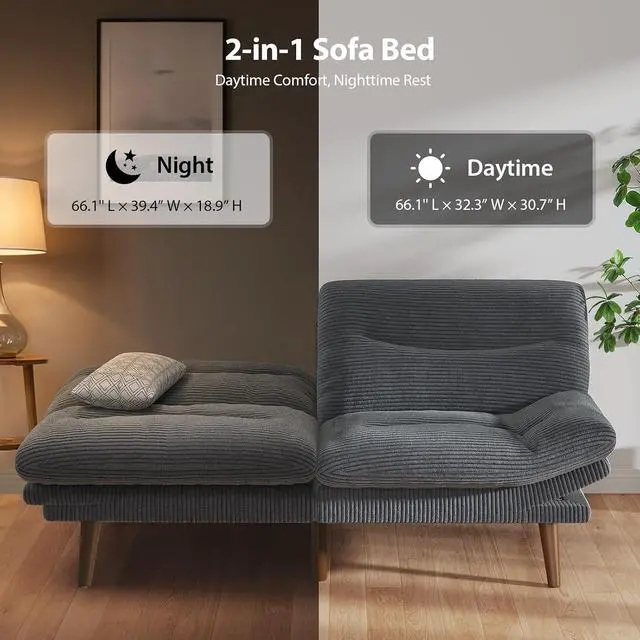 Alt view image 4 of 7 - PERLECARE Convertible Futon Sofa Bed, 66" Corduroy Futon Couch with Adjustable Backrest and Armrests, 3-in-1Recliner Sleeper Sofa for Small Spaces, Play Room,Living Room or Office66 in,Grey