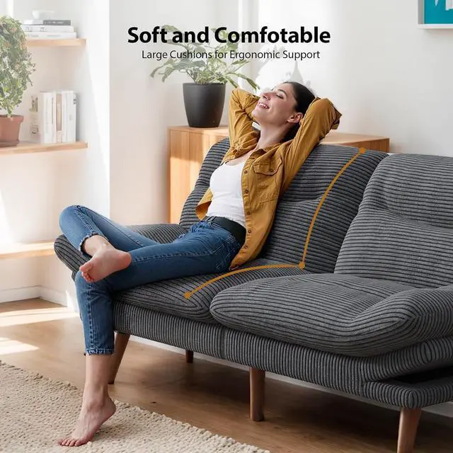 Alt view image 7 of 7 - PERLECARE Convertible Futon Sofa Bed, 66" Corduroy Futon Couch with Adjustable Backrest and Armrests, 3-in-1Recliner Sleeper Sofa for Small Spaces, Play Room,Living Room or Office66 in,Grey