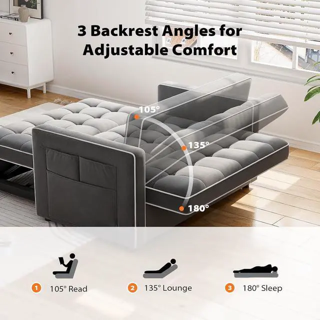 Alt view image 7 of 7 - Pipishell 3 in 1 Sleeper Sofa Bed, Pull Out Couch with USB & Type-C Ports, Deep Seat Convertible Loveseat Sofa, Adjustable Backrest, Dual Side Pockets, Velvet Futon Couch for Living Room, Apartment