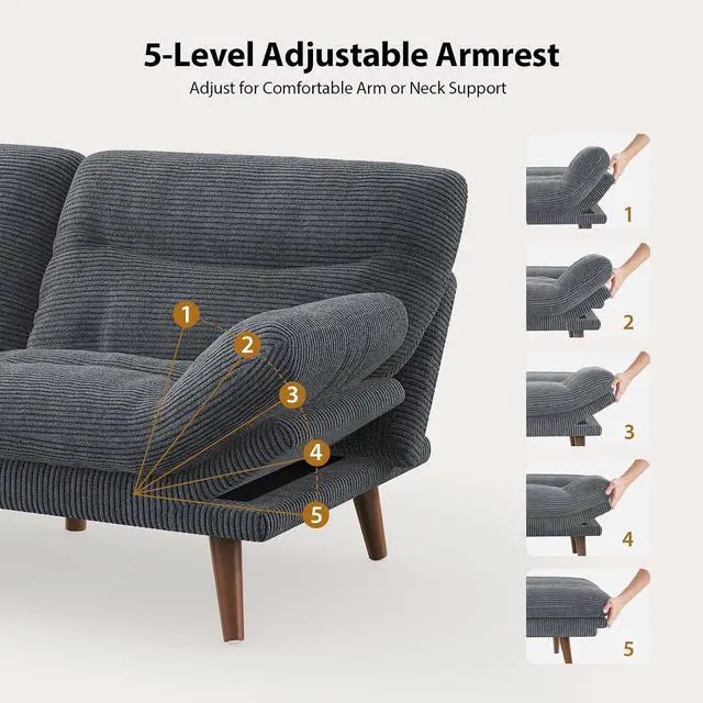Alt view image 6 of 7 - PERLECARE Convertible Futon Sofa Bed, 66" Corduroy Futon Couch with Adjustable Backrest and Armrests, 3-in-1Recliner Sleeper Sofa for Small Spaces, Play Room,Living Room or Office66 in,Grey