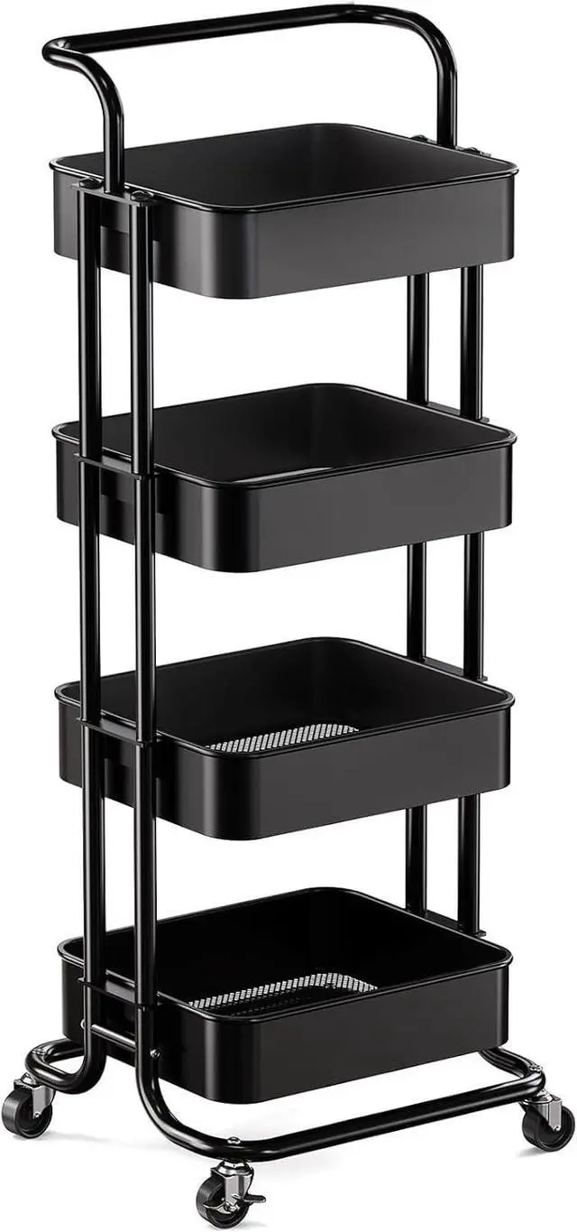 Main image of Pipishell 4 Tier Mesh Utility Cart, Rolling Metal Organization Cart with Handle and Lockable Wheels, Multifunctional Storage Shelves for Kitchen Living Room Office White, PIUC12B