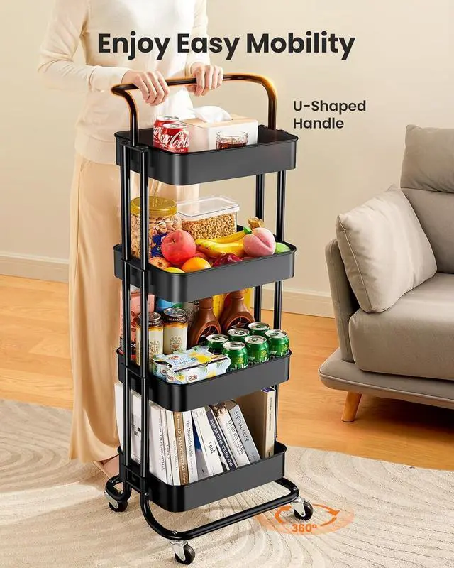 Alt view image 3 of 7 - Pipishell 4 Tier Mesh Utility Cart, Rolling Metal Organization Cart with Handle and Lockable Wheels, Multifunctional Storage Shelves for Kitchen Living Room Office White, PIUC12B