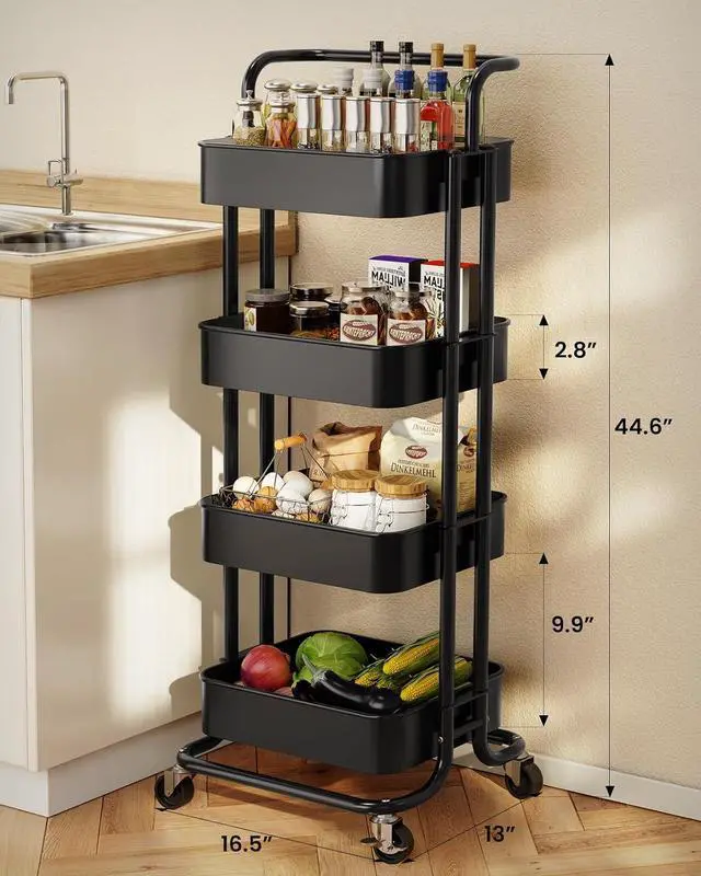 Alt view image 2 of 7 - Pipishell 4 Tier Mesh Utility Cart, Rolling Metal Organization Cart with Handle and Lockable Wheels, Multifunctional Storage Shelves for Kitchen Living Room Office White, PIUC12B