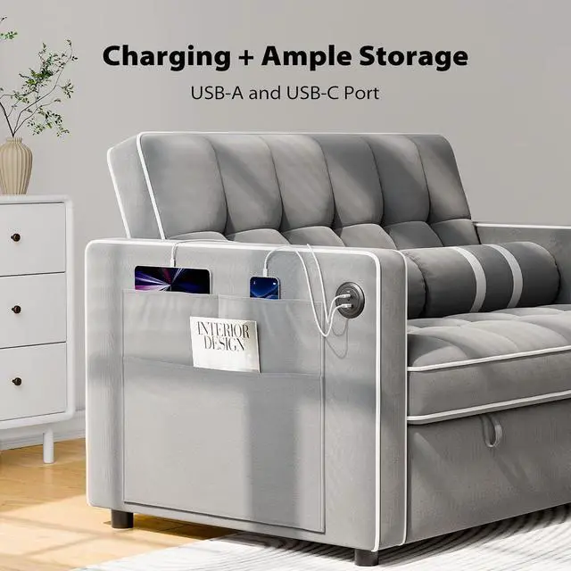 Alt view image 3 of 7 - Pipishell 3 in 1 Sleeper Sofa Bed, Pull Out Couch with USB & Type-C Ports, Deep Seat Convertible Loveseat Sofa, Adjustable Backrest, Dual Side Pockets, Velvet Futon Couch for Living Room, Apartment