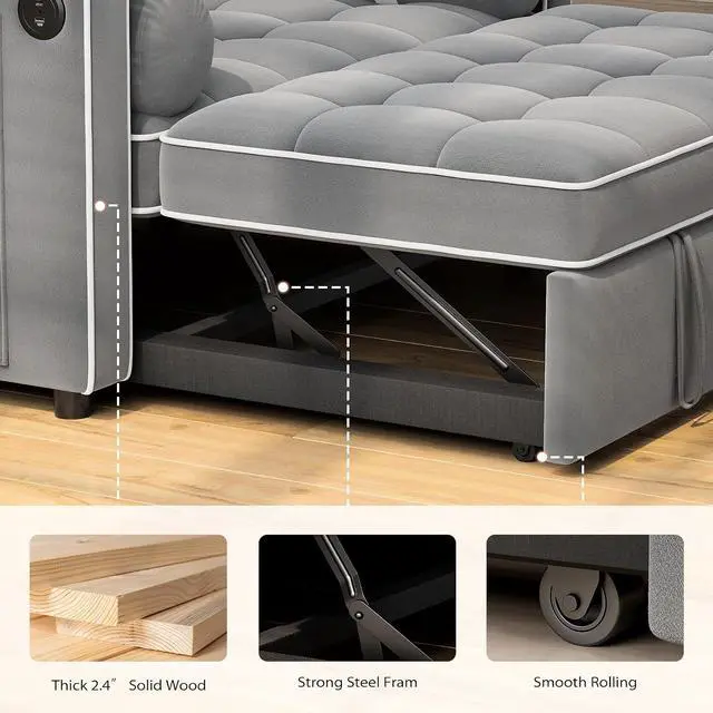 Alt view image 4 of 7 - Pipishell 3 in 1 Sleeper Sofa Bed, Pull Out Couch with USB & Type-C Ports, Deep Seat Convertible Loveseat Sofa, Adjustable Backrest, Dual Side Pockets, Velvet Futon Couch for Living Room, Apartment