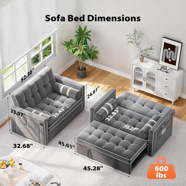 Alt view image 4 of 6 - Pipishell 3 in 1 Sleeper Sofa Bed, Pull Out Couch with USB & Type-C Ports, Deep Seat Convertible Loveseat Sofa, Adjustable Backrest, Side Pockets, Velvet Futon Couch for Living Room, Grey