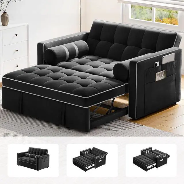 Main image of Pipishell 3 in 1 Sleeper Sofa Bed, Pull Out Couch with USB Ports & Side Pockets, Adjustable Backrest, Convertible Loveseat Sofa Bed, Futon Couches, Charcoal Black Velvet, Living Room