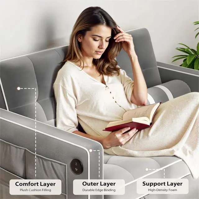 Alt view image 6 of 7 - Pipishell 3 in 1 Sleeper Sofa Bed, Pull Out Couch with USB & Type-C Ports, Deep Seat Convertible Loveseat Sofa, Adjustable Backrest, Dual Side Pockets, Velvet Futon Couch for Living Room, Apartment