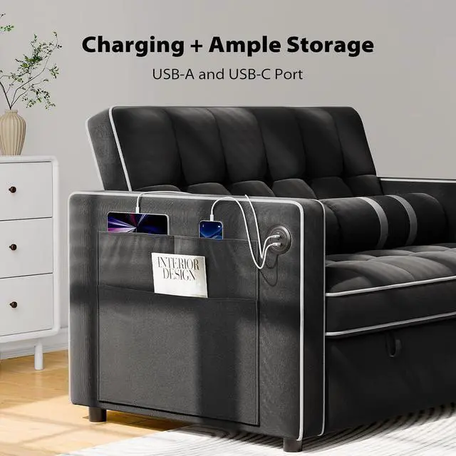 Alt view image 5 of 7 - Pipishell 3 in 1 Sleeper Sofa Bed, Pull Out Couch for Living Room with USB Ports & Side Pockets, Adjustable Backrest, Convertible Loveseat Sofa Bed, Futon Couches, Charcoal Black Velvet