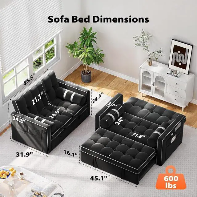 Alt view image 2 of 7 - Pipishell Convertible Loveseat Sleeper Sofa Bed, 3 in 1 Pull Out Couch with USB & Type-C Charging Ports, Adjustable Backrest, Dual Side Pockets, Velvet Futon Sofa for Apartment, Living Room, Black