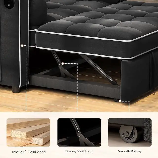 Alt view image 4 of 7 - Pipishell 3 in 1 Sleeper Sofa Bed, Pull Out Couch for Living Room with USB Ports & Side Pockets, Adjustable Backrest, Convertible Loveseat Sofa Bed, Futon Couches, Charcoal Black Velvet