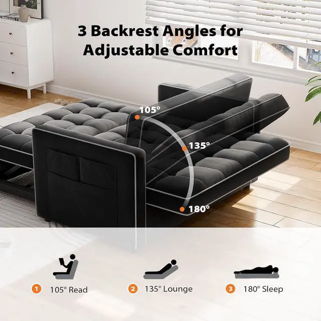 Alt view image 6 of 7 - Pipishell 3 in 1 Sleeper Sofa Bed, Pull Out Couch for Living Room with USB Ports & Side Pockets, Adjustable Backrest, Convertible Loveseat Sofa Bed, Futon Couches, Charcoal Black Velvet