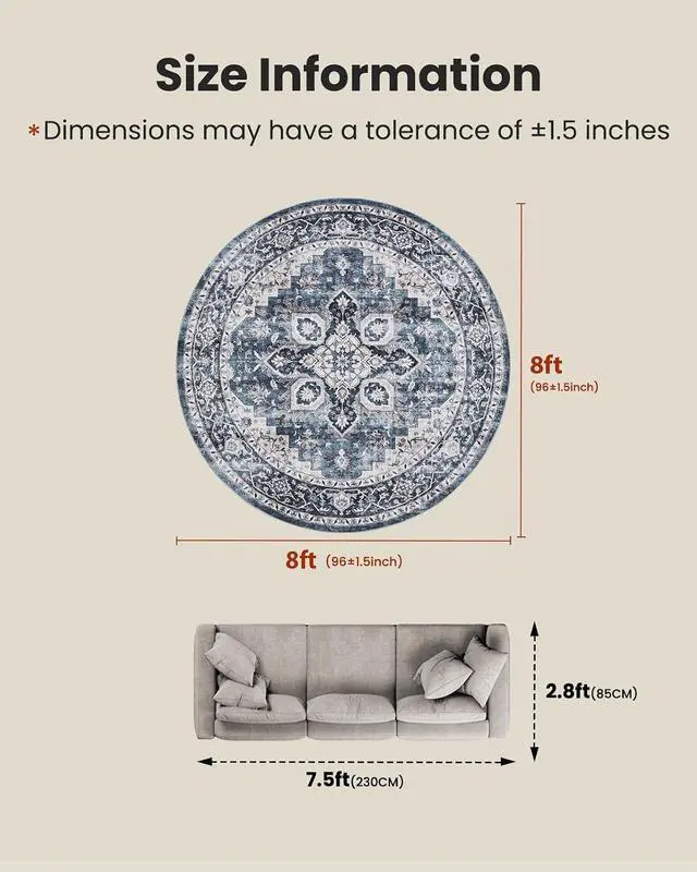 Alt view image 2 of 7 - AMADA HOMEFURNISHING Round 8ft Area Rugs, Low-Profile Washable Rug with Non-Slip Backing & Durable Edge Binding, Vintage Rugs for Living Room, Bedroom, Dinning Room