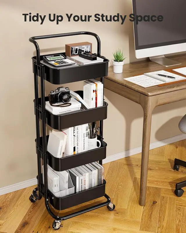 Alt view image 7 of 7 - Pipishell 4 Tier Mesh Utility Cart, Rolling Metal Organization Cart with Handle and Lockable Wheels, Multifunctional Storage Shelves for Kitchen Living Room Office White, PIUC12B