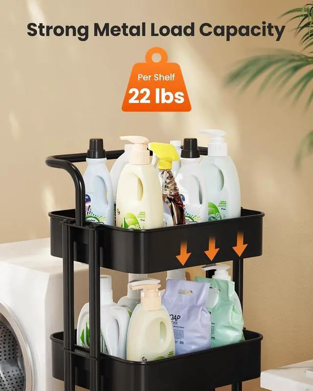 Alt view image 6 of 7 - Pipishell 4 Tier Mesh Utility Cart, Rolling Metal Organization Cart with Handle and Lockable Wheels, Multifunctional Storage Shelves for Kitchen Living Room Office White, PIUC12B