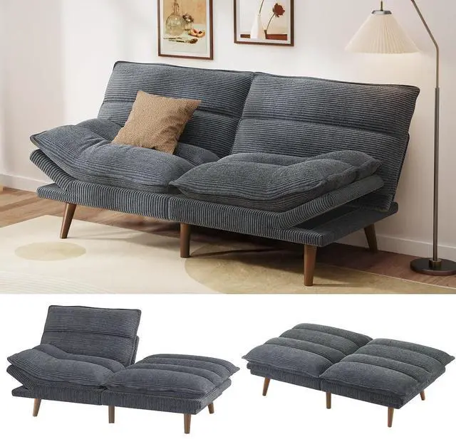 Main image of Pipishell 66" Futon Sofa Bed, Convertible Corduroy Space-Saver Couch with Adjustable Back & Armrests, Recliner Sleeper for Small Apartments, Office, Guest Room (Asphalt Grey)