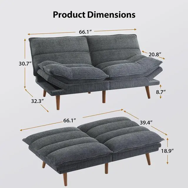 Alt view image 2 of 7 - Pipishell 66" Futon Sofa Bed, Convertible Corduroy Space-Saver Couch with Adjustable Back & Armrests, Recliner Sleeper for Small Apartments, Office, Guest Room (Asphalt Grey)