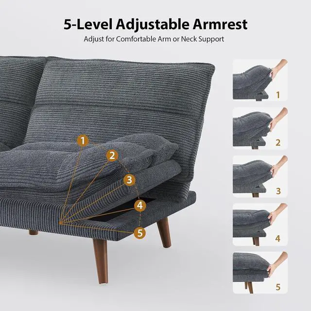 Alt view image 4 of 7 - Pipishell 66" Futon Sofa Bed, Convertible Corduroy Space-Saver Couch with Adjustable Back & Armrests, Recliner Sleeper for Small Apartments, Office, Guest Room (Asphalt Grey)