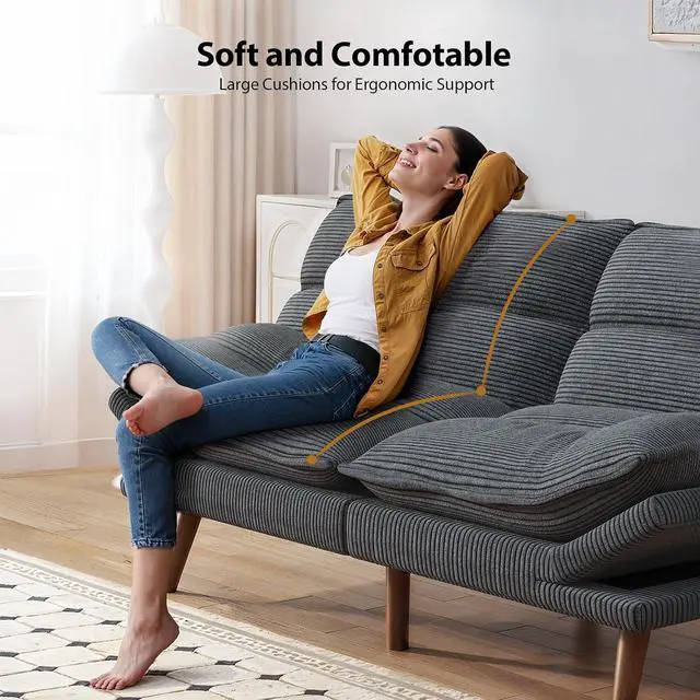 Alt view image 7 of 7 - Pipishell 66" Futon Sofa Bed, Convertible Corduroy Space-Saver Couch with Adjustable Back & Armrests, Recliner Sleeper for Small Apartments, Office, Guest Room (Asphalt Grey)