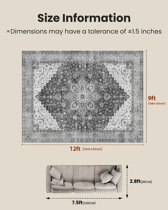 Alt view image 2 of 7 - AMADA HOMEFURNISHING 9x12 Area Rugs, Low-Profile Large Washable Area Rug with Non-Slip Backing & Durable Edge Binding, Vintage Rugs for Living Room, Bedroom & Dinning Room