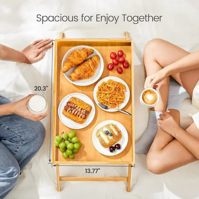 Alt view image 2 of 7 - Bamboo Bed Tray Table, Large Breakfast Tray with Folding Legs, Multipurpose Serving Tray Use As Portable Laptop Snack Table, for Working, Eating, Reading by Pipishell