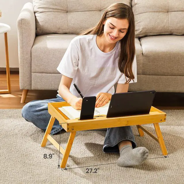 Alt view image 4 of 7 - Bamboo Bed Tray Table, Large Breakfast Tray with Folding Legs, Multipurpose Serving Tray Use As Portable Laptop Snack Table, for Working, Eating, Reading by Pipishell