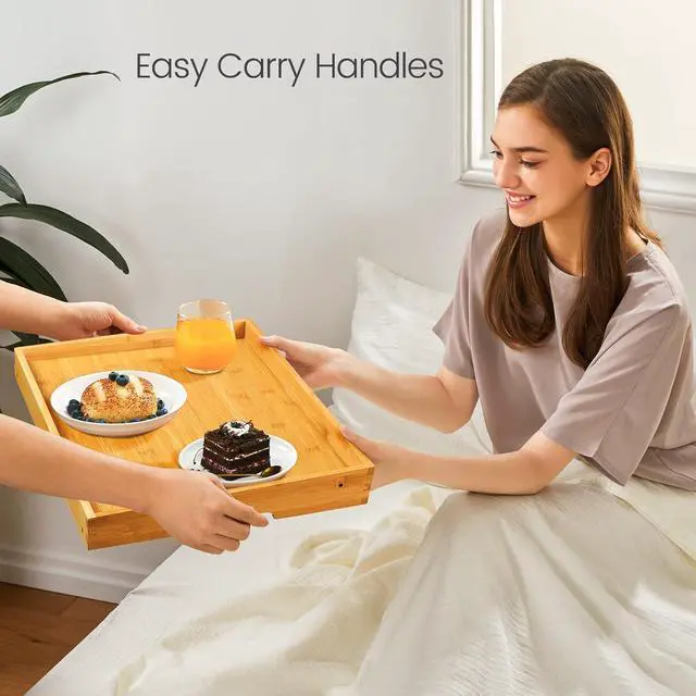 Alt view image 5 of 7 - Bamboo Bed Tray Table, Large Breakfast Tray with Folding Legs, Multipurpose Serving Tray Use As Portable Laptop Snack Table, for Working, Eating, Reading by Pipishell
