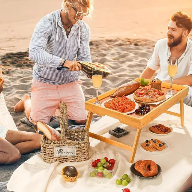 Alt view image 6 of 7 - Bamboo Bed Tray Table, Large Breakfast Tray with Folding Legs, Multipurpose Serving Tray Use As Portable Laptop Snack Table, for Working, Eating, Reading by Pipishell