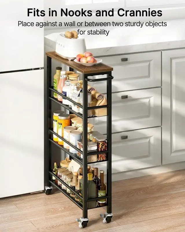 Alt view image 2 of 7 - Pipishell Slim Storage Cart with Wheels - 4 Tier Rolling Kitchen Storage Cart with Handle and Wood Top, Metal Slim Bathroom Cart for Laundry Room, Bathroom, Kitchen, Narrow Space, Black & Rustic Brown