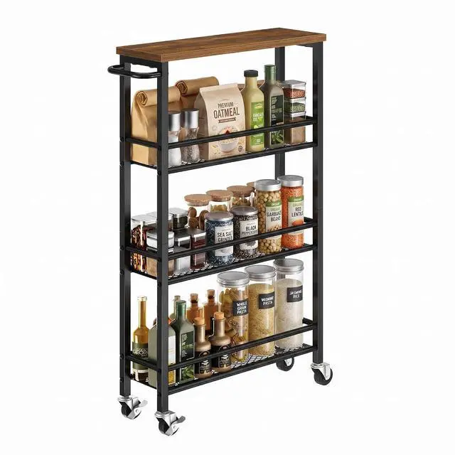 Main image of Pipishell Slim Storage Cart with Wheels - 4 Tier Rolling Kitchen Storage Cart with Handle and Wood Top, Metal Slim Bathroom Cart for Laundry Room, Bathroom, Kitchen, Narrow Space, Black & Rustic Brown