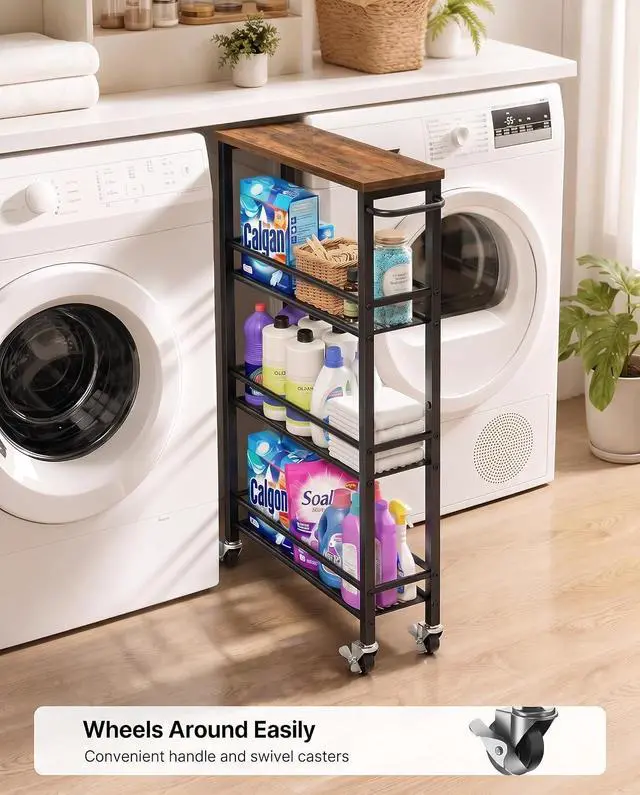 Alt view image 3 of 7 - Pipishell Slim Storage Cart with Wheels - 4 Tier Rolling Kitchen Storage Cart with Handle and Wood Top, Metal Slim Bathroom Cart for Laundry Room, Bathroom, Kitchen, Narrow Space, Black & Rustic Brown