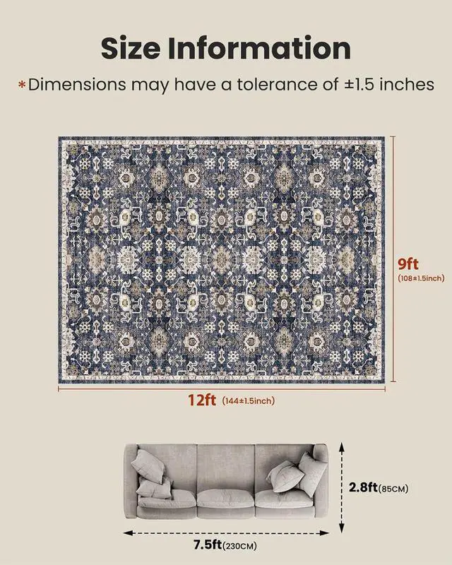 Alt view image 2 of 7 - AMADA HOMEFURNISHING 9x12 Washable Area Rug, Low-Profile Large Area Rug with Non-Slip Backing & Durable Edge Binding, Vintage Large Rugs for Living Room, Bedroom & Dining Room