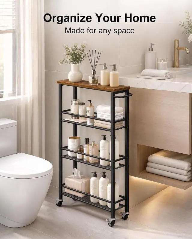 Alt view image 4 of 7 - Pipishell Slim Storage Cart with Wheels - 4 Tier Rolling Kitchen Storage Cart with Handle and Wood Top, Metal Slim Bathroom Cart for Laundry Room, Bathroom, Kitchen, Narrow Space, Black & Rustic Brown