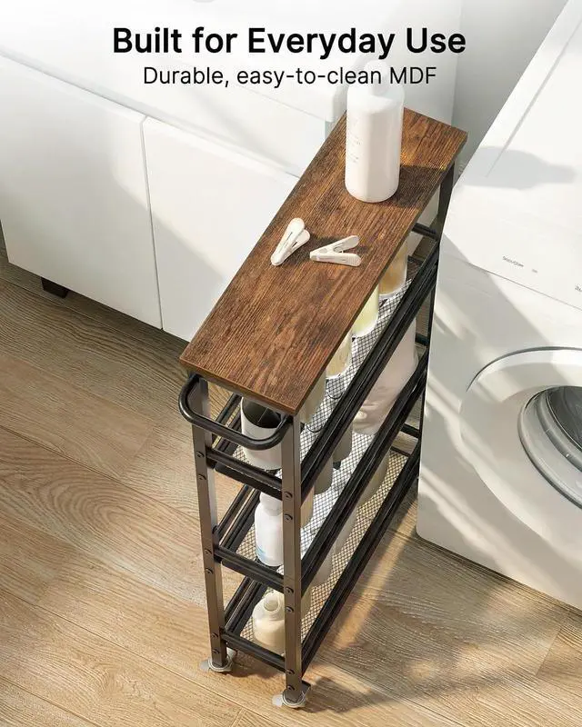 Alt view image 5 of 7 - Pipishell Slim Storage Cart with Wheels - 4 Tier Rolling Kitchen Storage Cart with Handle and Wood Top, Metal Slim Bathroom Cart for Laundry Room, Bathroom, Kitchen, Narrow Space, Black & Rustic Brown