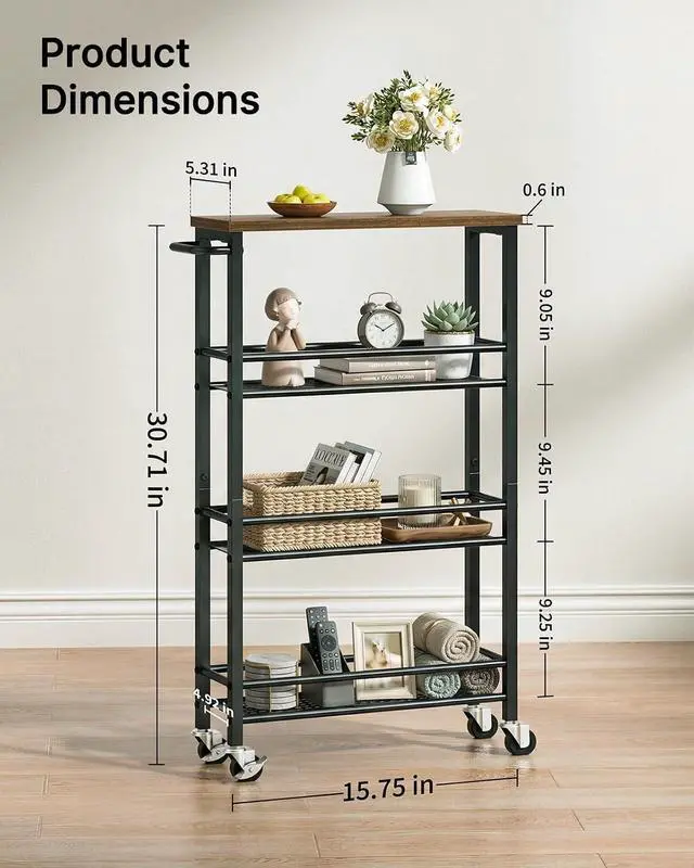 Alt view image 6 of 7 - Pipishell Slim Storage Cart with Wheels - 4 Tier Rolling Kitchen Storage Cart with Handle and Wood Top, Metal Slim Bathroom Cart for Laundry Room, Bathroom, Kitchen, Narrow Space, Black & Rustic Brown