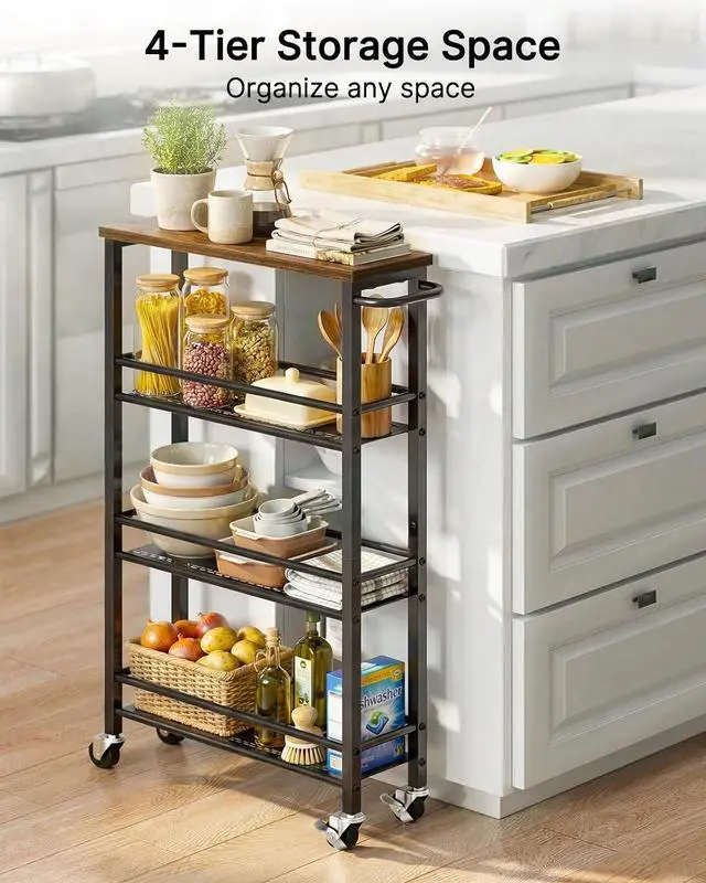 Alt view image 7 of 7 - Pipishell Slim Storage Cart with Wheels - 4 Tier Rolling Kitchen Storage Cart with Handle and Wood Top, Metal Slim Bathroom Cart for Laundry Room, Bathroom, Kitchen, Narrow Space, Black & Rustic Brown