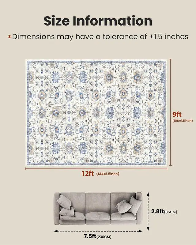 Alt view image 2 of 7 - AMADA HOMEFURNISHING 9x12 Washable Area Rug, Low-Profile Large Area Rug with Non-Slip Backing & Durable Edge Binding, Vintage Large Rugs for Living Room, Bedroom & Dining Room
