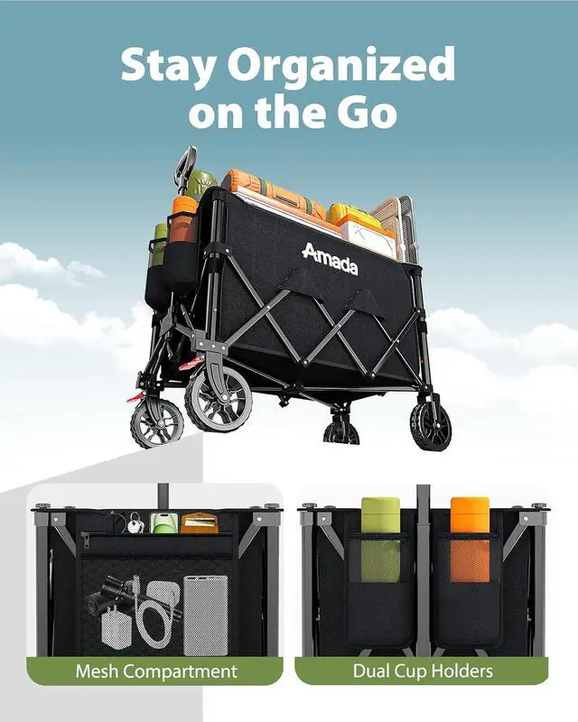 Alt view image 6 of 7 - Collapsible Wagon Cart, Foldable Lightweight Wagon Folding Carts with Wheels - Outdoor Utility Carts with 360LBS Max Load for Grocery, Camping, Shopping, Sports, GardenBeach