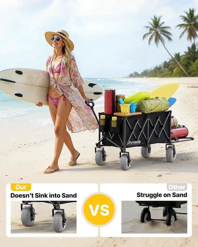Alt view image 2 of 7 - Beach Wagon with Big Wheels for Sand, 260L Capacity, Heavy Duty All-Terrain Folding Wagon with Expandable Rear, Durable Carbon Steel Frame & Big 8.3" Wheels for Beach, Outdoor & Camping Activities