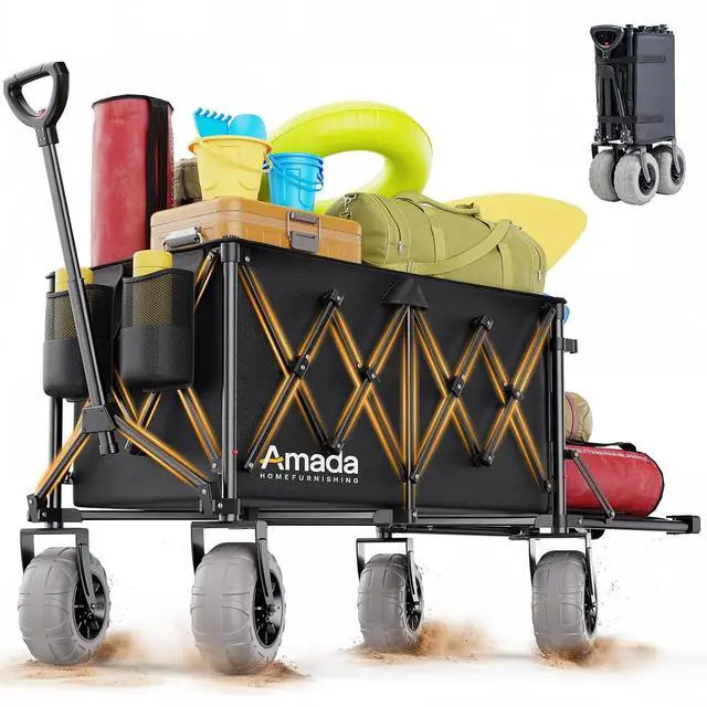 Main image of Beach Wagon with Big Wheels for Sand, 260L Capacity, Heavy Duty All-Terrain Folding Wagon with Expandable Rear, Durable Carbon Steel Frame & Big 8.3" Wheels for Beach, Outdoor & Camping Activities