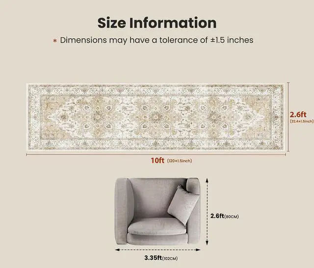 Alt view image 2 of 7 - AMADA HOMEFURNISHING 2'6"x10' Washable Area Rug, Low-Profile Entryway Rug with Non-Slip Backing & Durable Edge Binding, Vintage Rug Pattern, Small Rugs for Entryway, Kitchen & Living Room